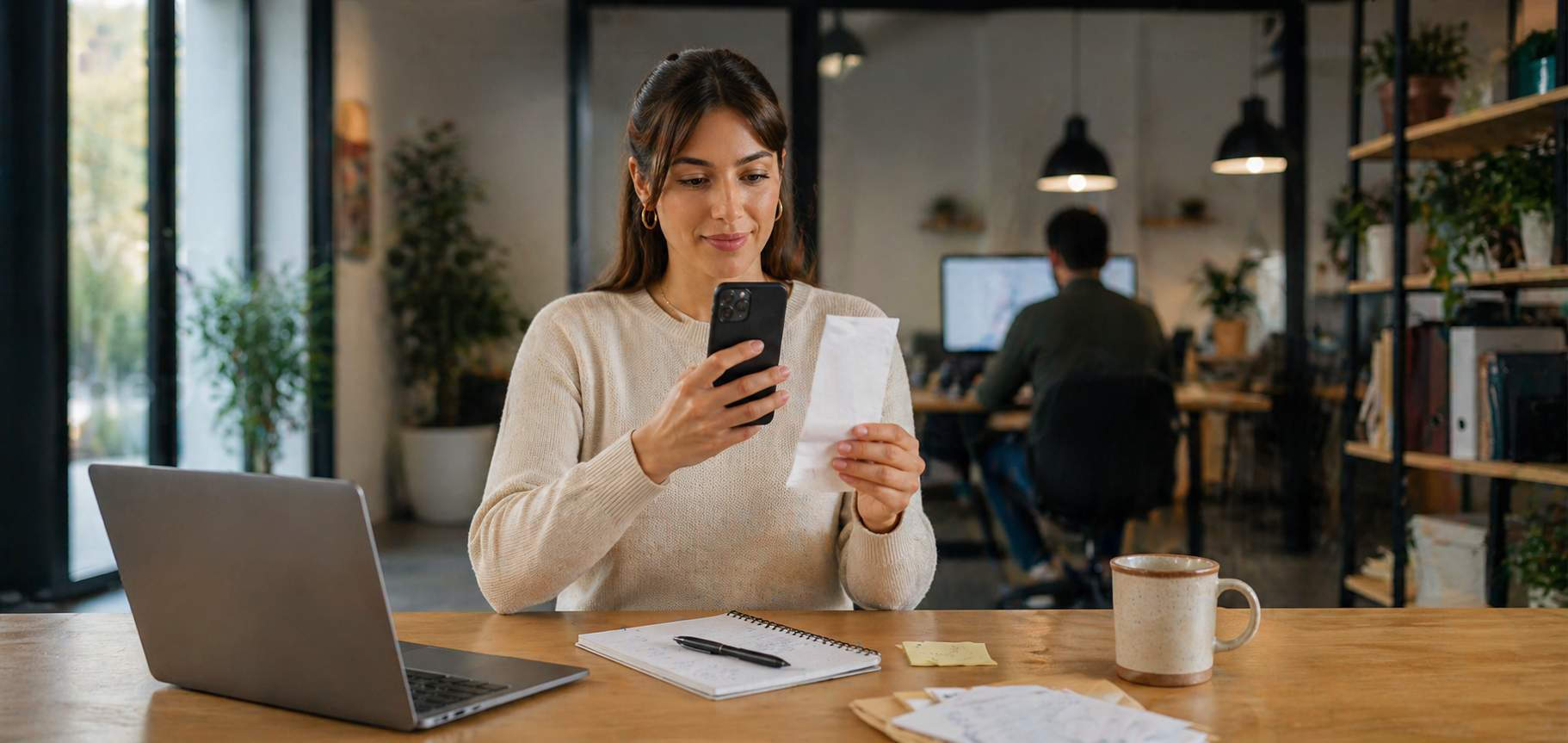 Collaboratrice scannant un justificatif avec son téléphone pour créer une note de frais
